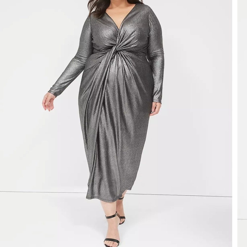 Plus Size Metallic Twist-Front Long Sleeve Dress - Gray
